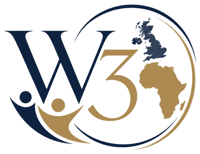 W3 Foundation crest: a navy and gold W3 monogram encircling maps of the United Kingdom and Africa